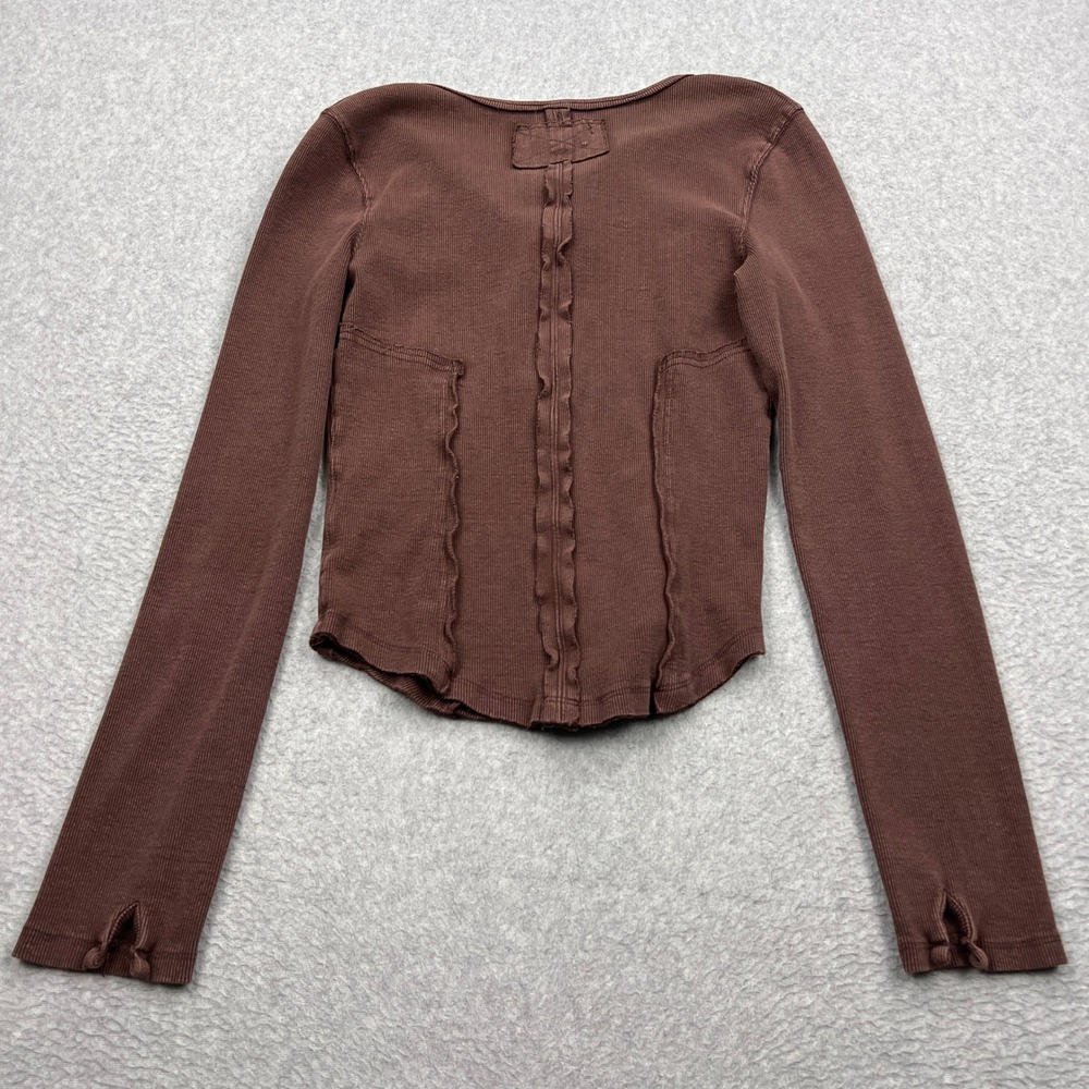 We The Free People Mareea Henley Top Women Small Brown Ribbed Long Sleeve Button - Picture 8 of 10